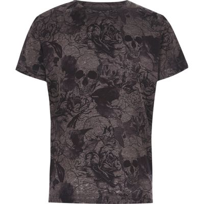 Boys grey skull and floral burnout T-shirt